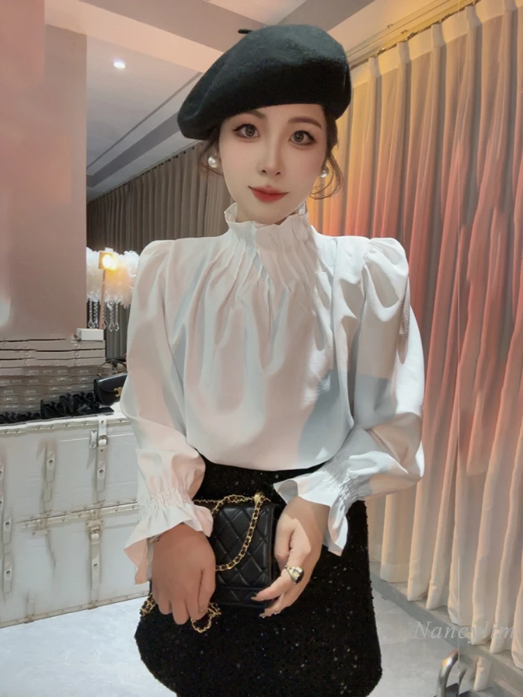 

Women's Ruffled Stand-up Shirt Inner Top Woman's Spring 2024 New Long Sleeve White Blouse Long Puff Sleeve All-Matching Tops