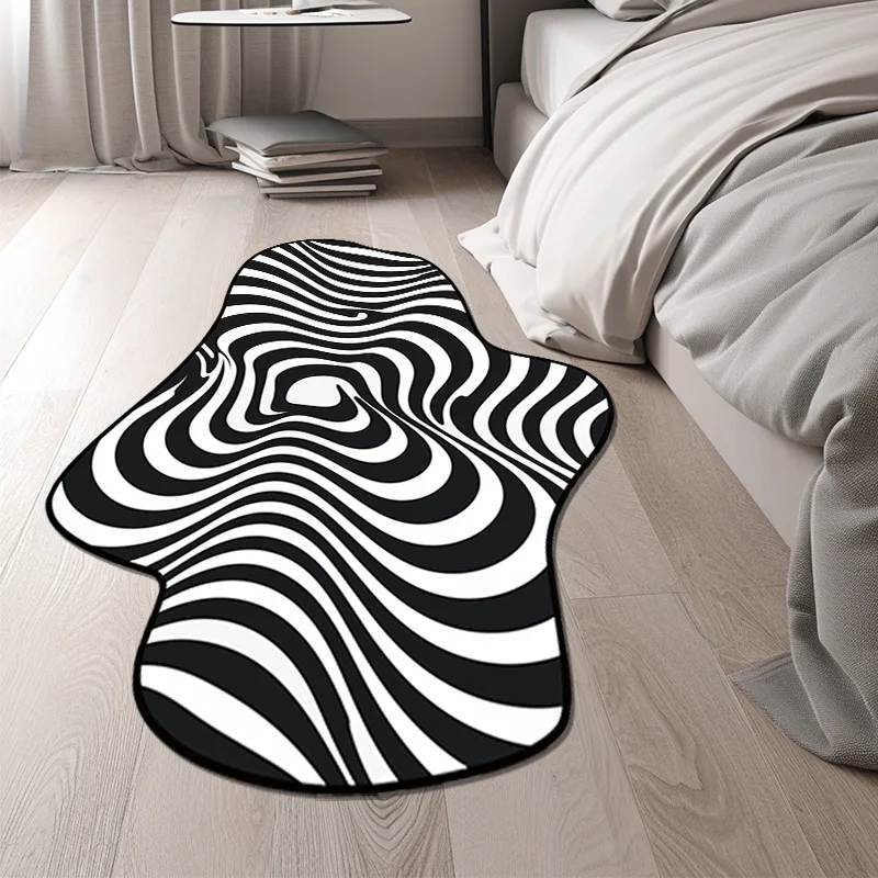 

Fashion Irregular Carpet for Bedroom Decor Bedside Large Area Soft Non-slip Bedside Rug Black and White Stripe Style Floor Mats