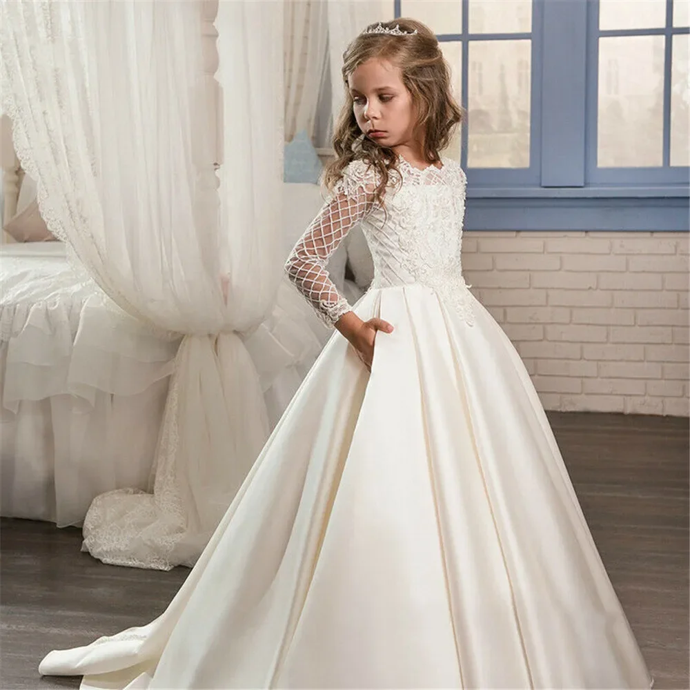 

Luxury Satin Long Sleeve Flower Girl Dresses for Wedding Formal Child Pageant Princess Kids Holy Communion Gown with Train