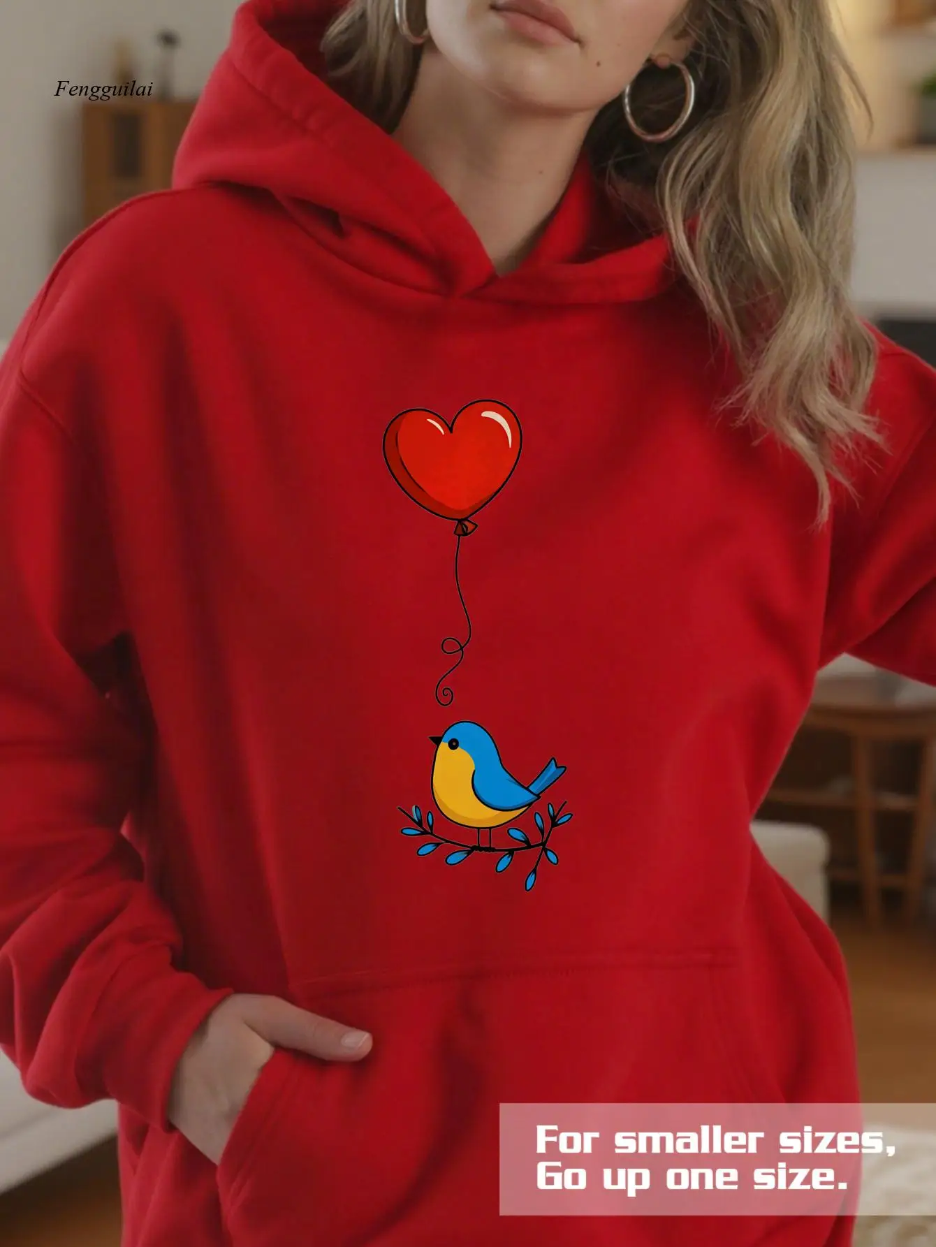 هوديي أسود مع بالون قلب أحمر وطباعة الطيور الزرقاء - سويت شيرت مريح للخريف/الشتاء، جيب الكنغر #1