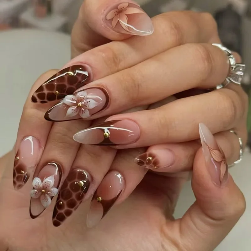 

24PCS Press on Nails Ice Transparent Brown Lily Flower Nail Art Retro and Versatile Medium Long Almond Nail Fake Nails