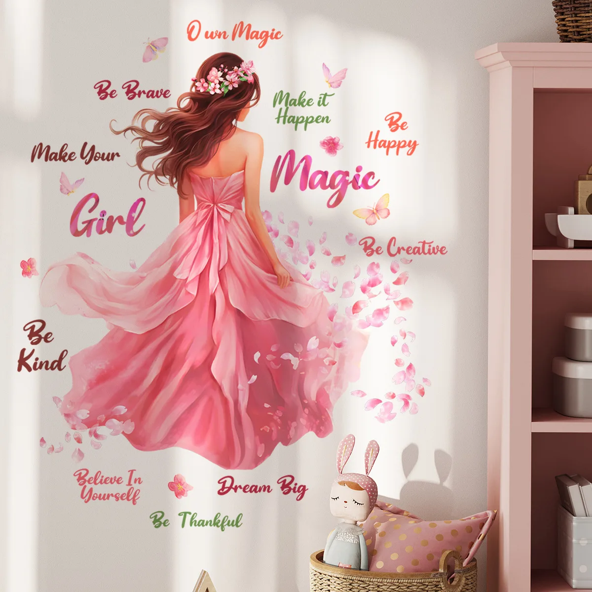 Pink Magic Girl Butterfly Background Wall Sticker, Removable, Self-adhesive, PVC, Home Decor, Living Room, Bedroom