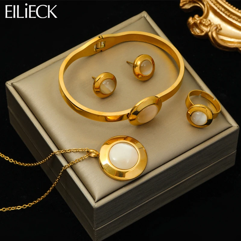 EILIECK 316L Stainless Steel Luxury White Stone Necklace Bracelet Earrings Ring For Women New Design Jewelry 4-piece Set Wedding