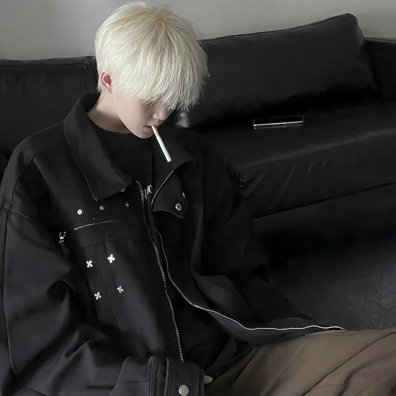 

American Retro Bla Denim Jaet Men's Trendy Hip Hop High Street Haome High Metal Feeling Denim irt Spring Autumn