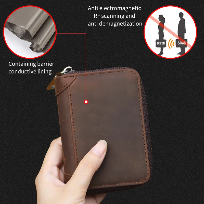 NFC Blocked Credit Card Holder Bag For Men Women Vintage Handmade Genuine Leather Short Card Wallet with Zipper Money Bag