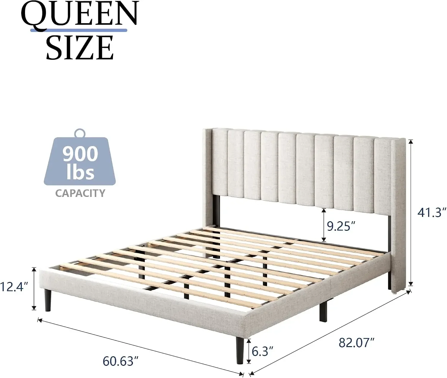 Queen Size Bed Frame with Upholstered Wingback Headboard, Easy Assemnly Platform Bed, Wooden Slat Support No Box Spring