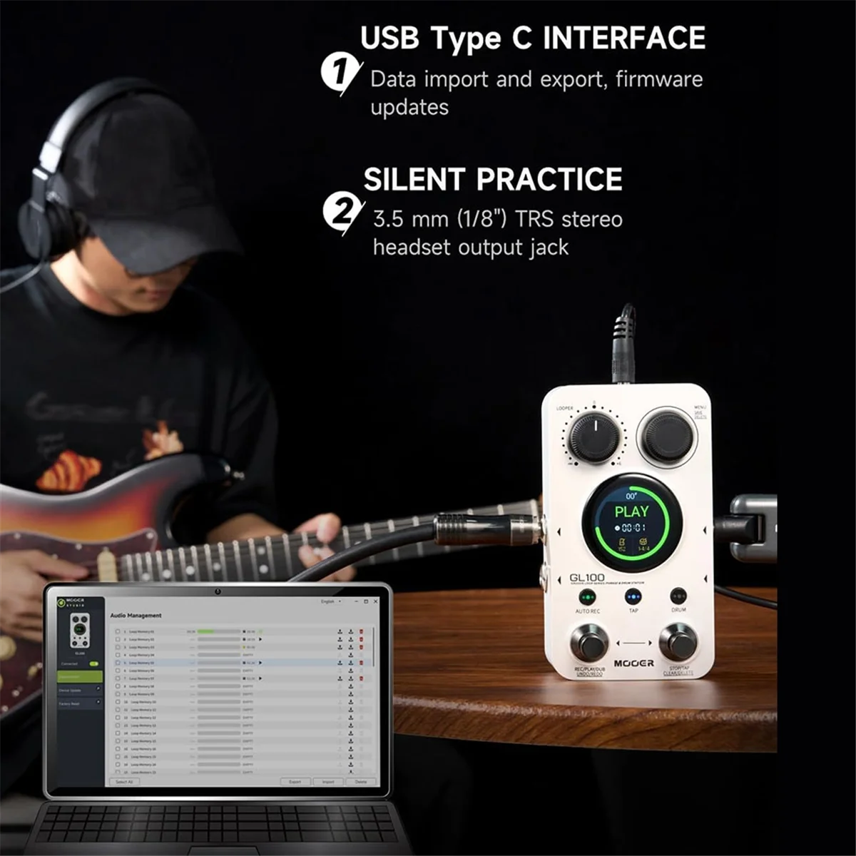 ABJQ GL100 Looper Pedal Drum Machine,Electric Guitar Monoblock Effect 1.3-Inch Touchsreen Auto Record with 100 Memory Positions