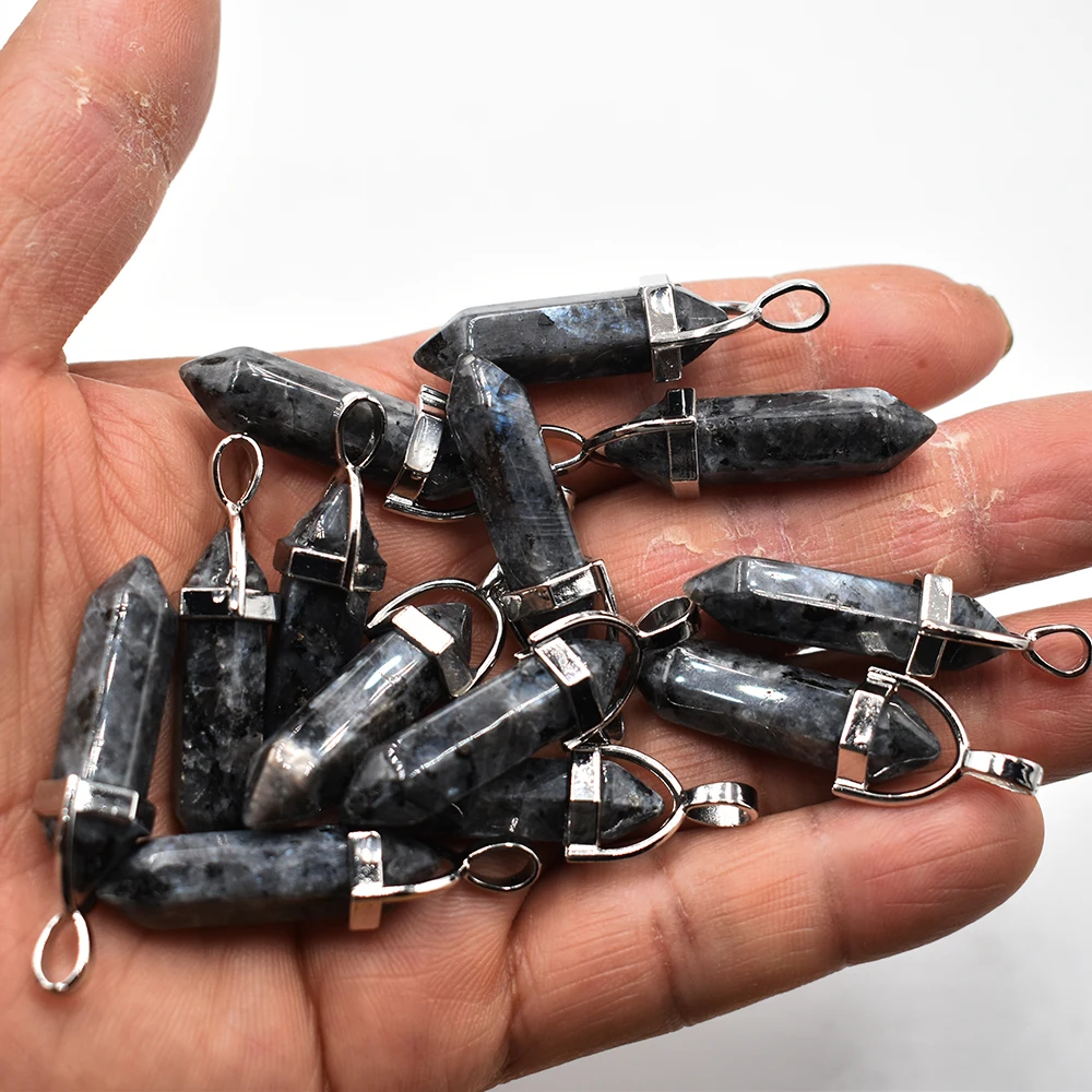 Wholesale 24 50 100pcs/lot natural  Black flash stone  pillar shape point Chakra charms pendant for jewelry making free