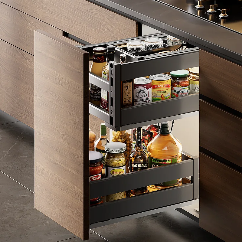 

Pull-up storage basket Cabinet drawer Pull basket Seasoning basket Tableware cup Storage aluminum alloy side pull drawer type