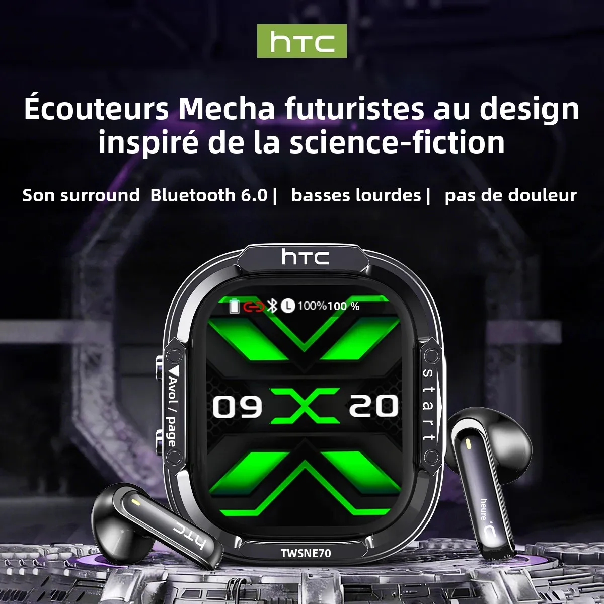 Écouteurs HTC NE70 Bluetooth V6 TWS avec traducteur AI, réduction de bruit, écouteurs sans fil pour jeux avec micro