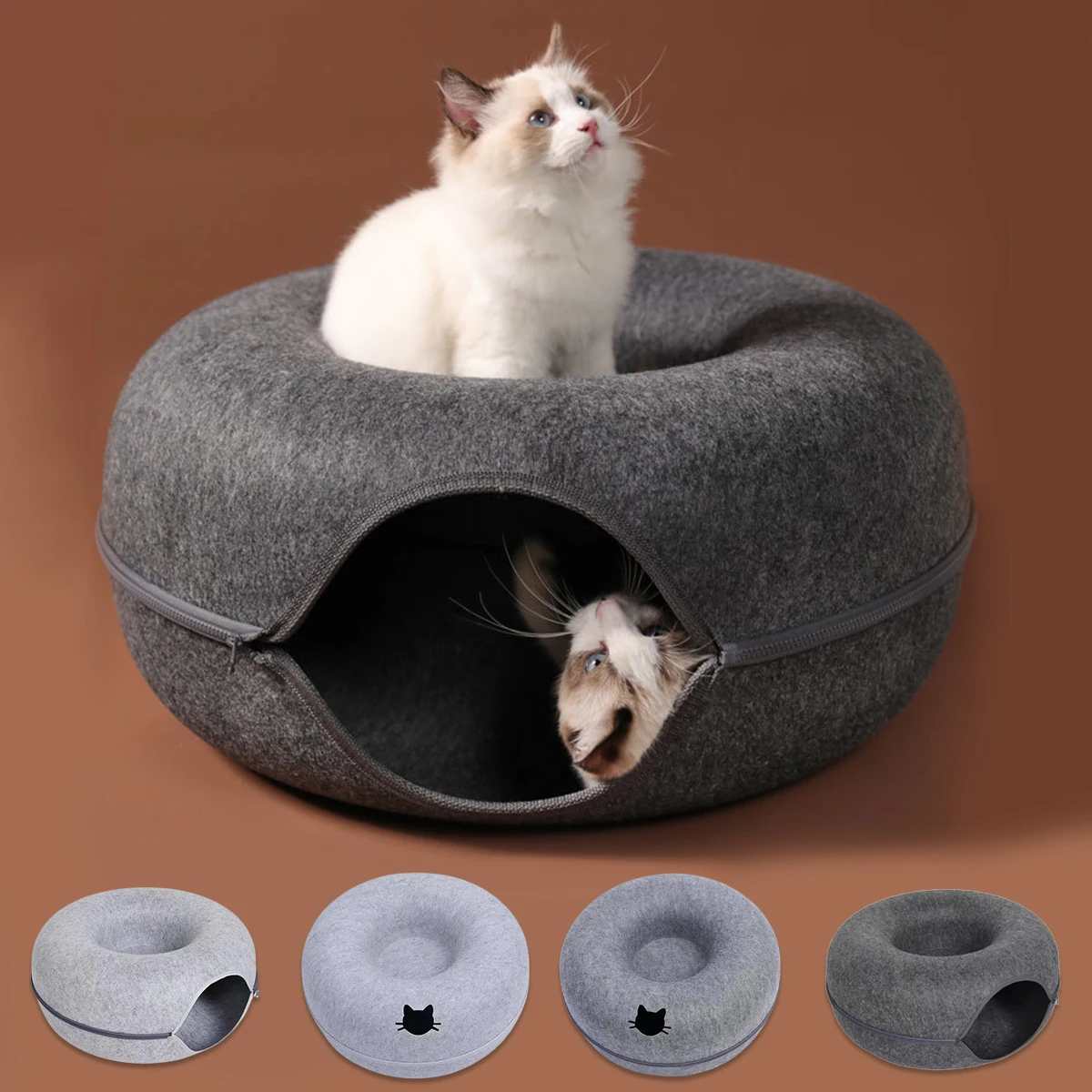 Round Cat Tunnel Interactive Kitten Donut Nest Felt Pet Toys Kennel Cats Bed House Scraper for Cats Sleeping Cushion