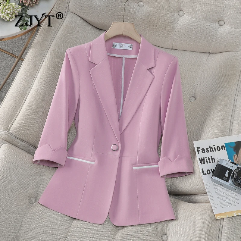 ZJYT Spring Three Quarter Sleeve Blazers Mujer Women Jacket Coat Outerwears Elegant Casaco Feminino Casual Plus Size Veste Femme