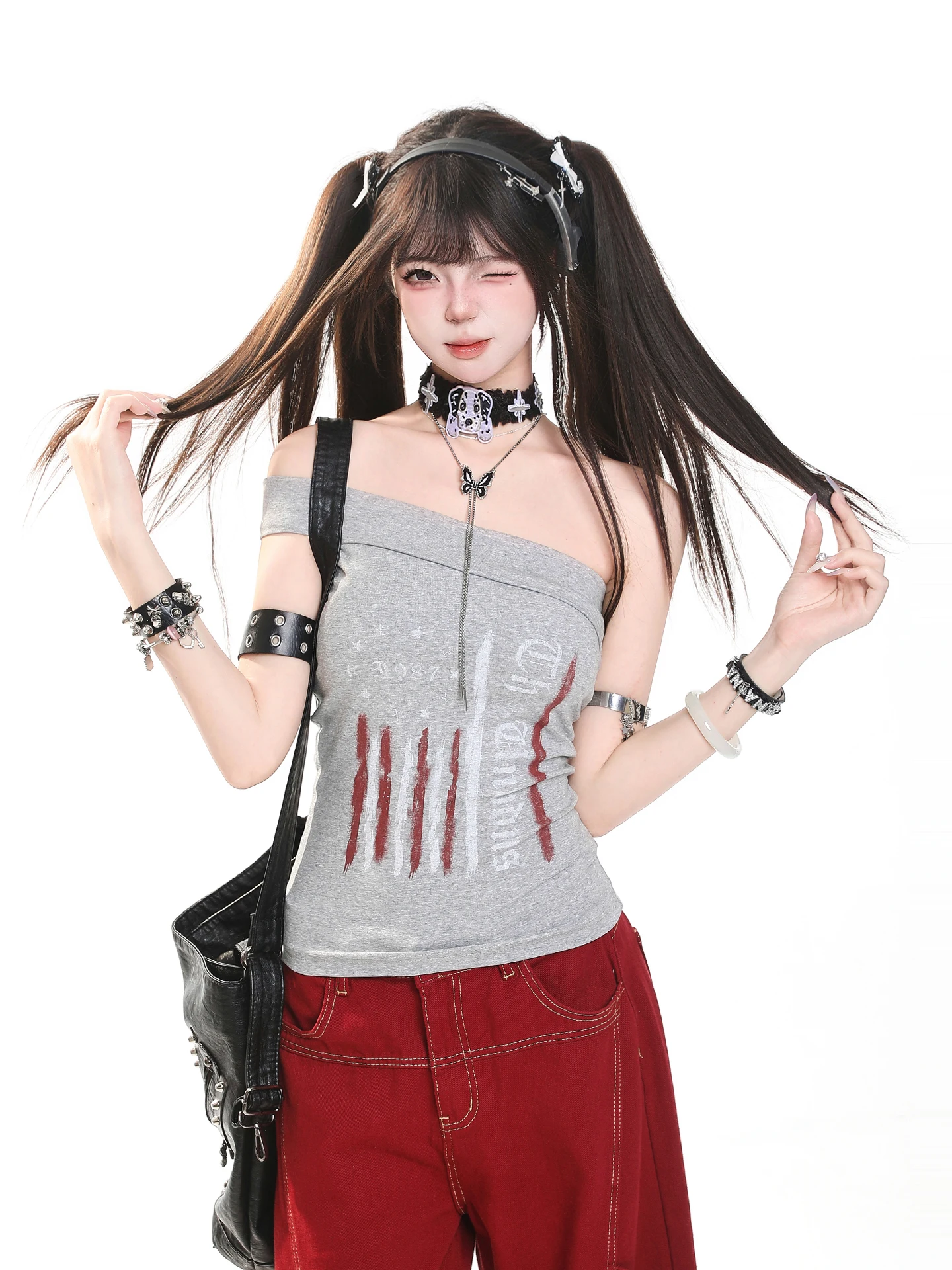 Sexy American Girl Letter Print One Shoulder Short Sleeve T-Shirt Women Summer Slimming Belly Show Cool Trendy Top