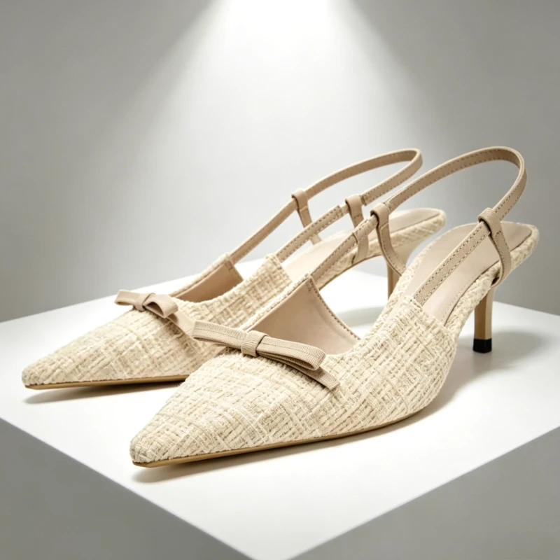 Zapatos elegantes de tacón de gatito con decoración de lazo Beige para mujer, sandalias con talón descubierto y punta estrecha de diseñador de lujo, zapatos de vestir de fiesta a la moda