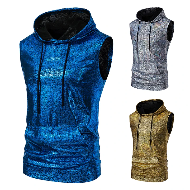 

Men's Handsome Disco Dance Essential T-shirt Hooded Gold Plated Sleeveless Tank Top