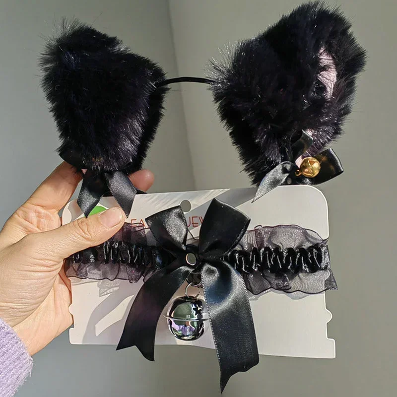 Conjunto de diadema con lazo y orejas de gato para mujer y niña, collar de oreja de conejo, diadema de campana de felpa, tocado de fiesta, accesorios para el cabello para Cosplay