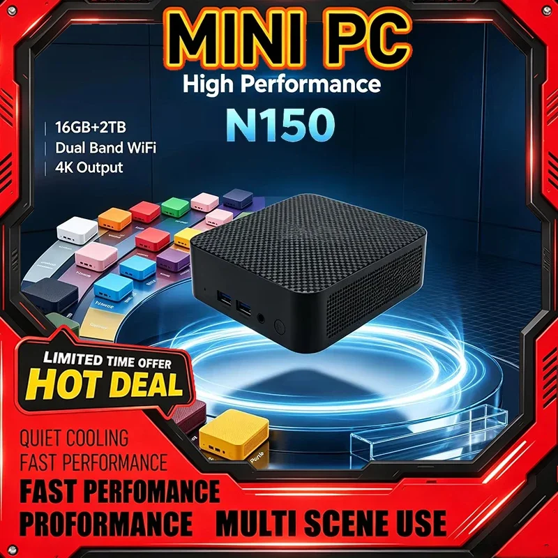 Multi‑Color Mini PC Intel N150 16GB+2TB Quiet Cooling High‑Performance Output Windows11 Portable Gaming Desktop for Office