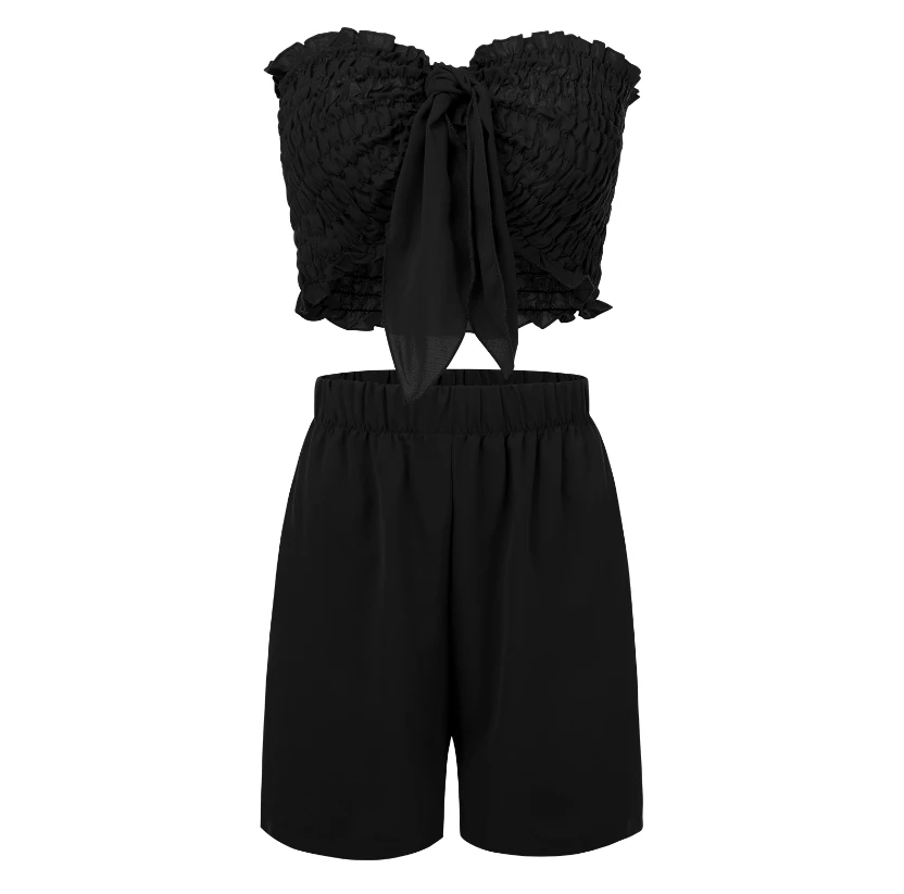 

Summer Women's Two-Piece Suit Solid Color Sleeveless Off Shoulder Pleated Crop Tops Elastic Waist Shorts Beachwear