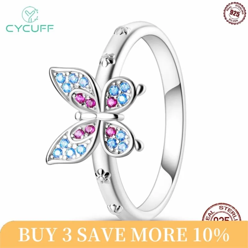 CYCUFF Original Real 925 Sterling Silver Colorful Butterflies Rings For Women Wedding Engagement Birthday Silver Jewelry Gift