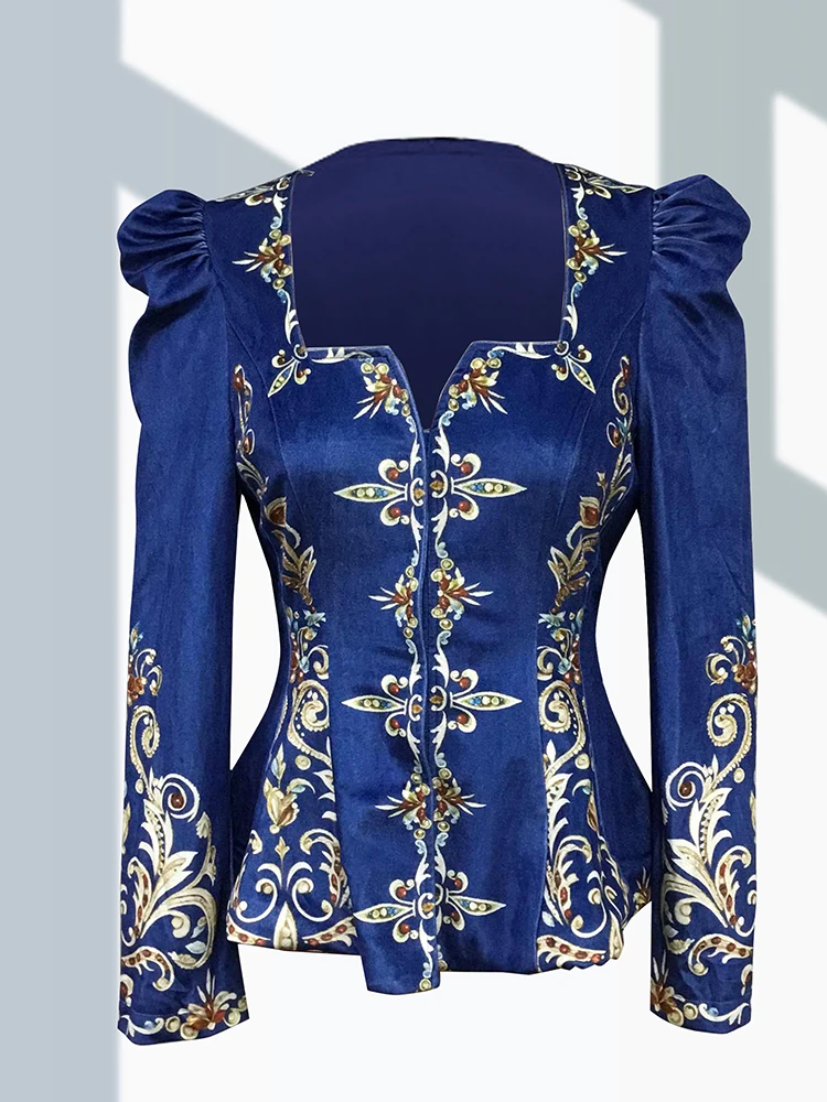 Elegant Chic Women Tops Floral Pattern Deep V Neck Slim Waist Peplum Long Sleeve Design Asymmetric Vintage Velvet Blouse