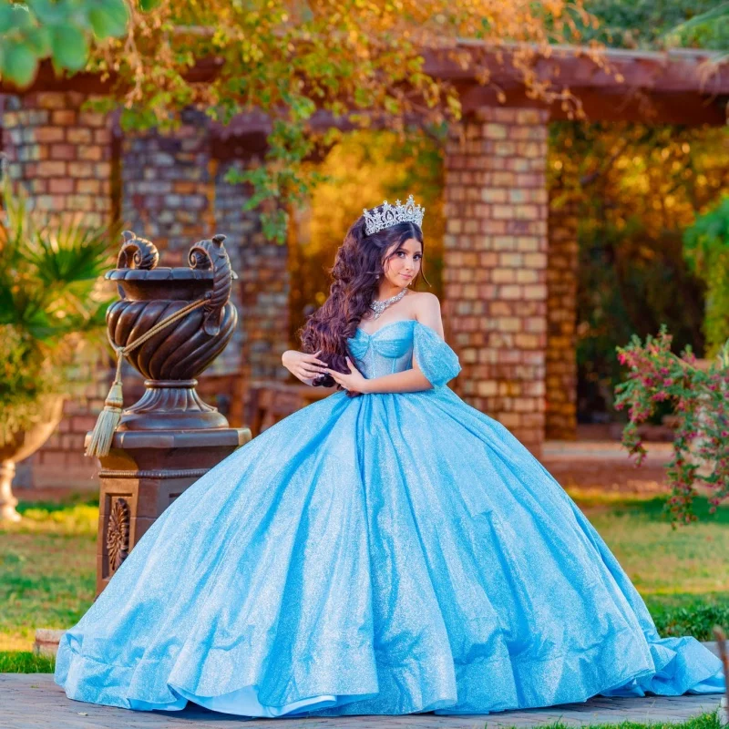 사용자 정의 반짝 이는 복숭아 핑크 오프 어깨 Quinceanera 드레스 Tull 크리스탈 3D 꽃 레이어링 applique vestidos de 15 Quinceanera