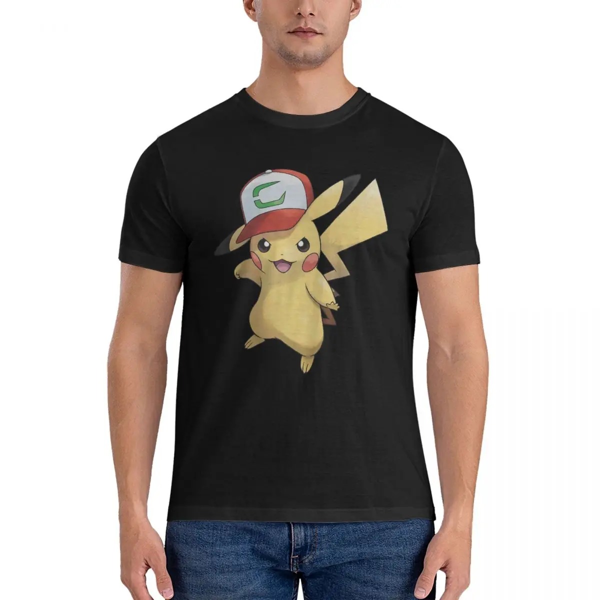 Japanese Cartoon Game Pikachu T Shirts Men's 100% Cotton Unique T-Shirts Crew Neck Pokemon Tees Short Sleeve Clothing Printed