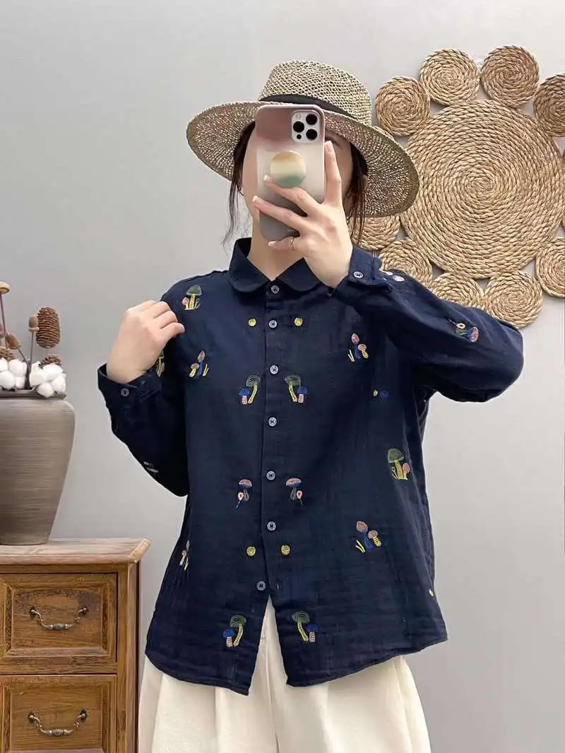 New Fall Cotton Yarn Long Sleeve Shirts, Women Lapel Embroidery Top, Mori Girl Casual Retro Loose Blouses, 2024 Winter T48749QC