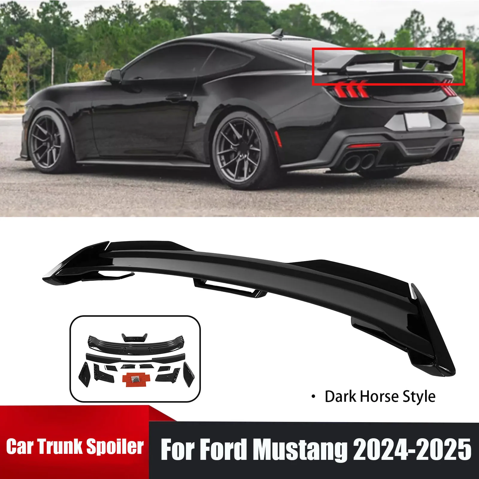 

For Ford Mustang 2024-2025 Dark Horse Style Car Roof Trunk Spoiler Wing 2 Door Coupe Body Kits Glossy Black Carbon Fiber Style