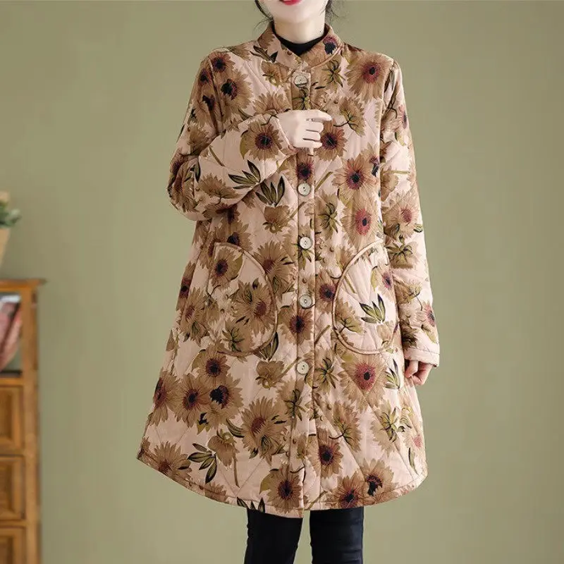 Mid Aged And Elderly Mothers' Autumn Winter Clothing 2023 New Oversized Women's Loose Retro Print Thickened Cotton Jacket Z3742