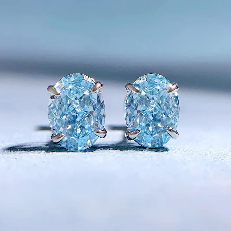 S925 Sterling Silver Jewelry 6*8mm Oval Cut Aquamarine High Carbon Diamond Gemstone Ear Stud Blue Zircon Earrings Party Gift INS