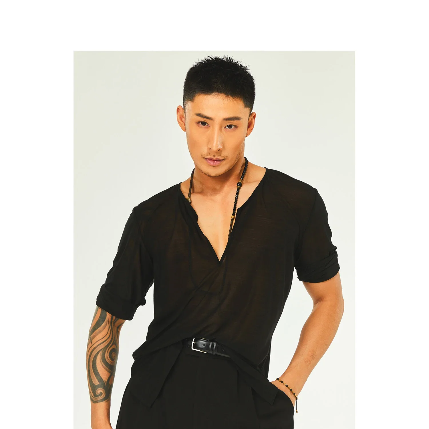 성인 라틴 댄스 연습 옷 느슨한 작은 v 넥 셔츠 Chacha Rumba Tango Dress 남성용 라틴 댄스 탑 DQS16625