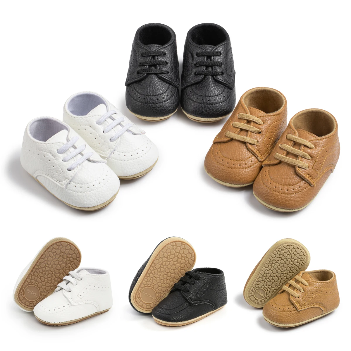 Spring Autumn Baby Boys Girls Shoes Waterproof PU Leather Lace Up Solid Color Toddler First Walkers Rubber Soft Anti-slip Sole