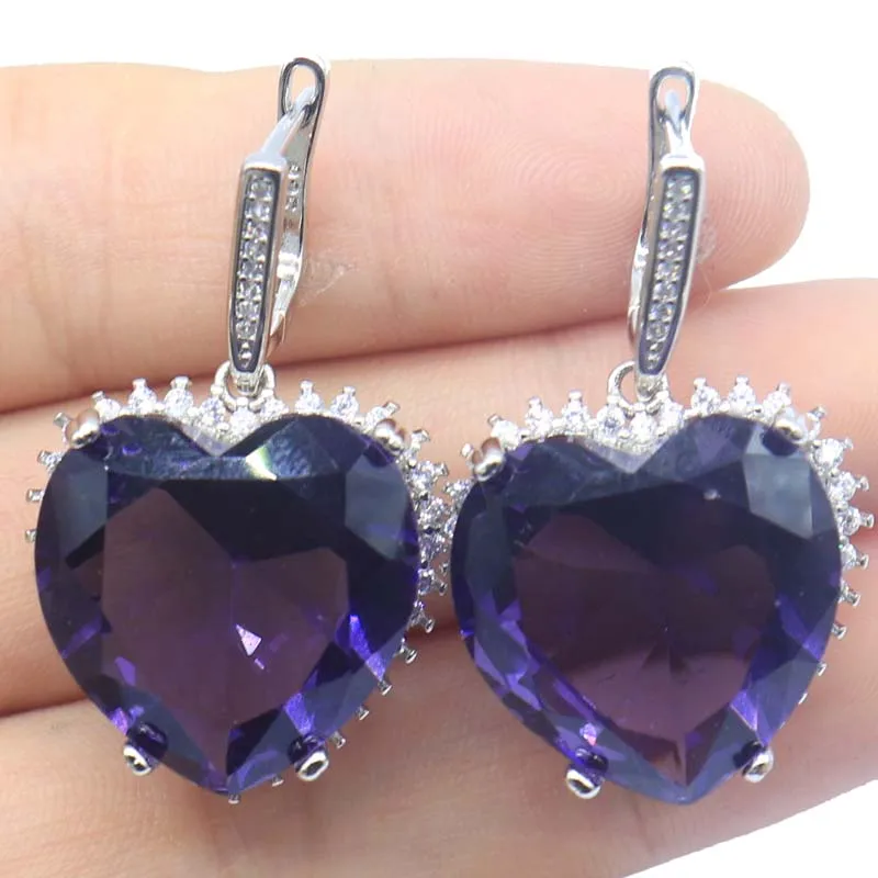 38x23mm Big Heart Gemstone 16.5g Iolite Red Blood Ruby Smoky Topaz Swiss Blue Top CZ Women Dating Silver Dangle Earrings