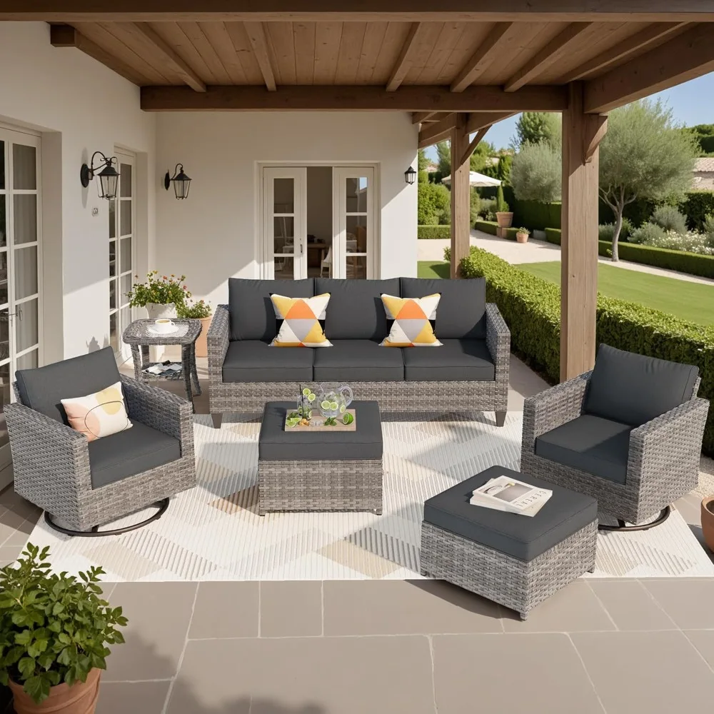 

6 Pieces Patio Furniture Set,Outdoor Wicker Sofa Couch w/Swivel Chairs,Rocking Glider Rocker with Comfy Cushions All Weather Set
