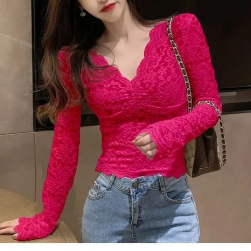 Spring Autumn Hook Flower Hollow Lace Patchwork Solid Color Long Sleeve V-Neck Pullover T-shirt Elegant Women's Clothing Tops