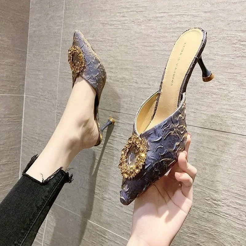 Apricot Pointed Toe Shoes Job Mules Stiletto Women's Slippers and Ladies Sandals Outside Rhenstone Heeled Slides Footwear Eva B