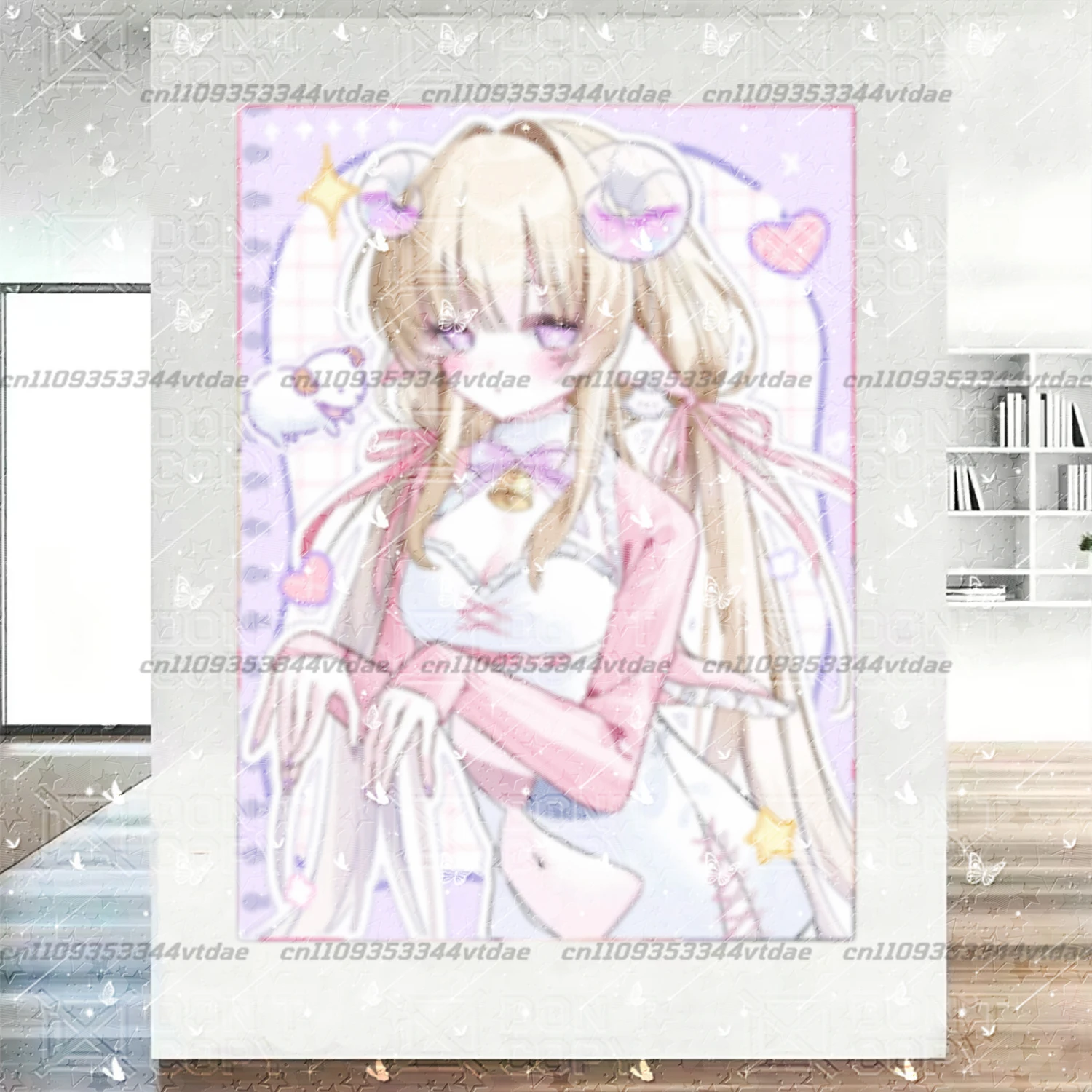 Sweet Y2K Blonde Long Hair Girl Vertical Tapestry Pink Ribbon Bell Cute Cartoon Print Wall Hanging Dorm Sofa Home Decoration
