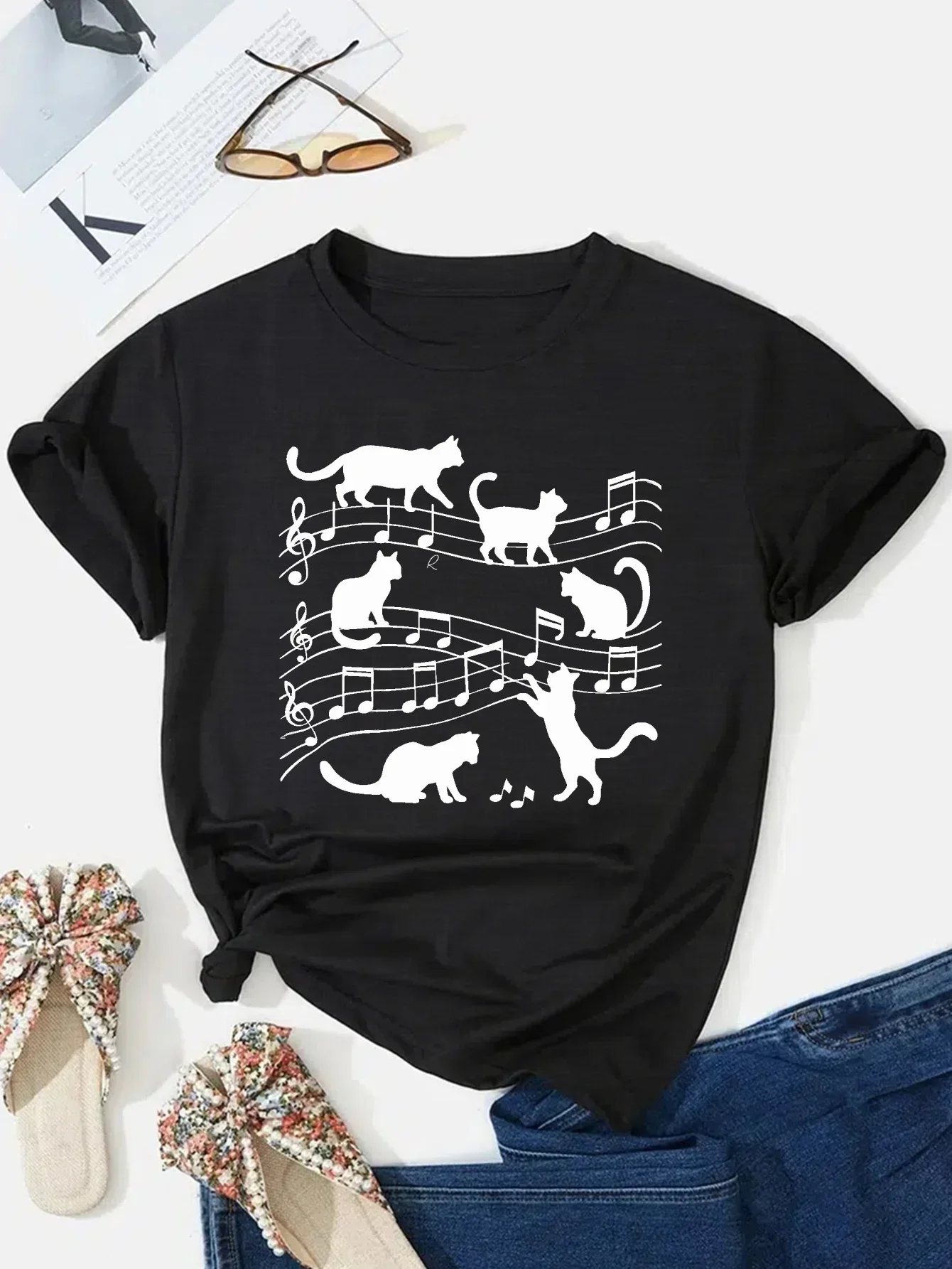

Music & Cat Print Crew Neck T-shirt Casual Short Sleeve Comfit Fit Top for Spring & Summer Women's Clothing