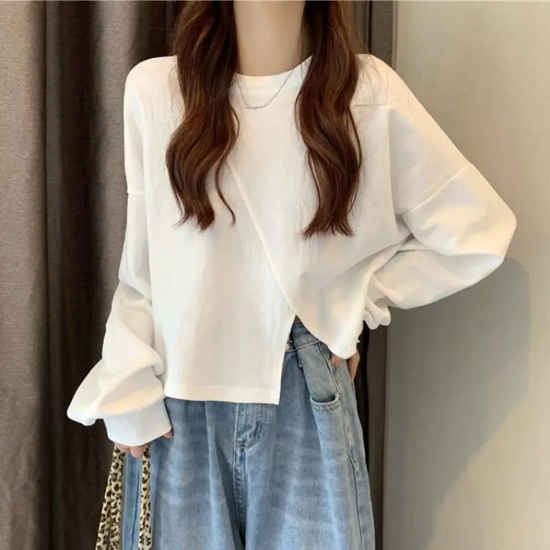 شق هيم غير النظامية كل مباراة الكورية بلايز كم طويل الصلبة البساطة عادية تي شيرت ربيع الخريف موضة ملابس حريمي الكورية