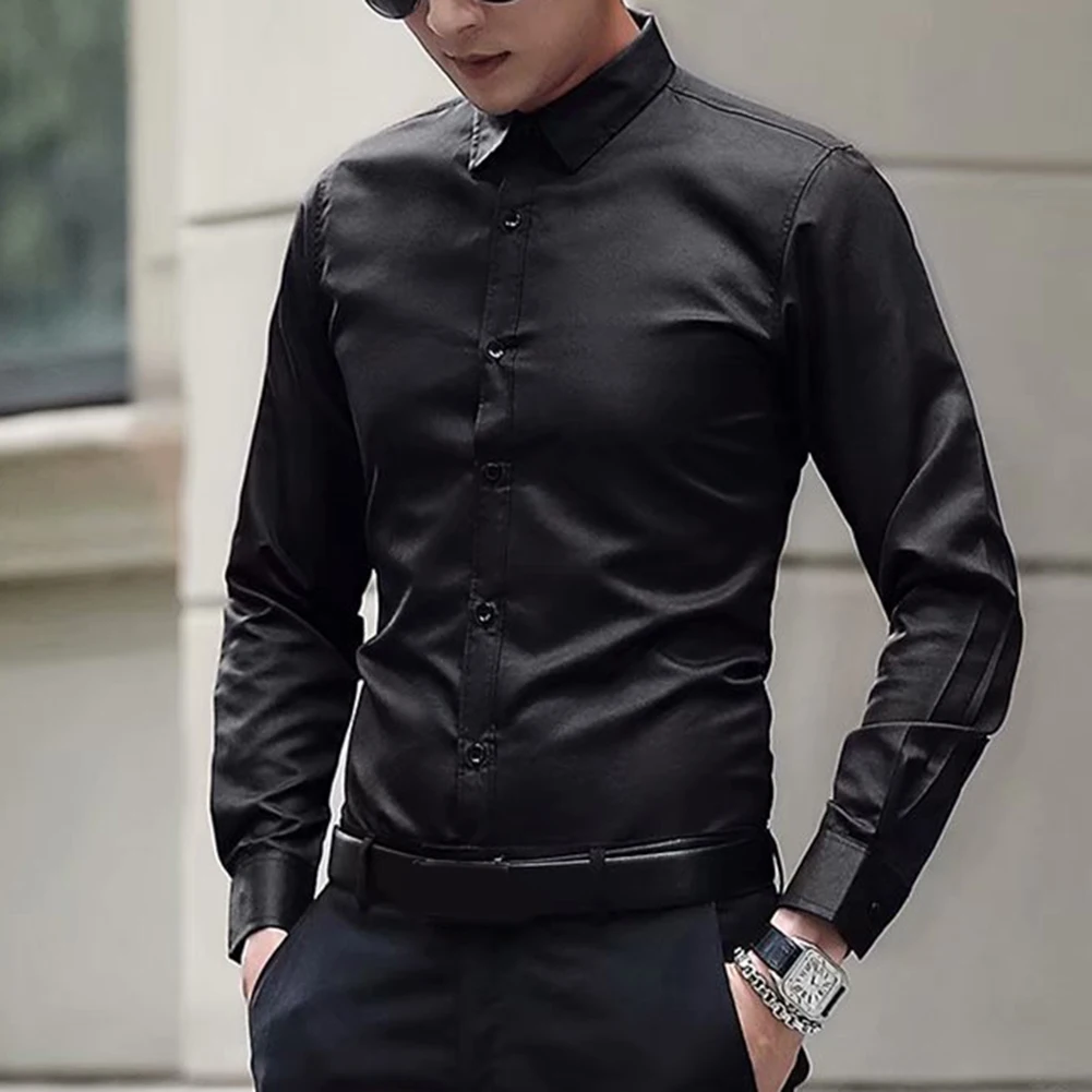 Camisa masculina de manga comprida com fecho de botão, camisa formal casual de negócios, resistente a rugas para eventos sociais de trabalho