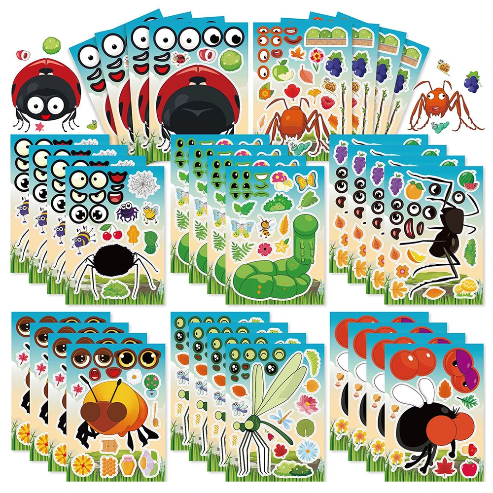 8/16Sheets Cute Insect Animal Make a Face Puzzle Stickers Funny Jigsaw Assemble DIY Decoration Kids Education Toys Party Games