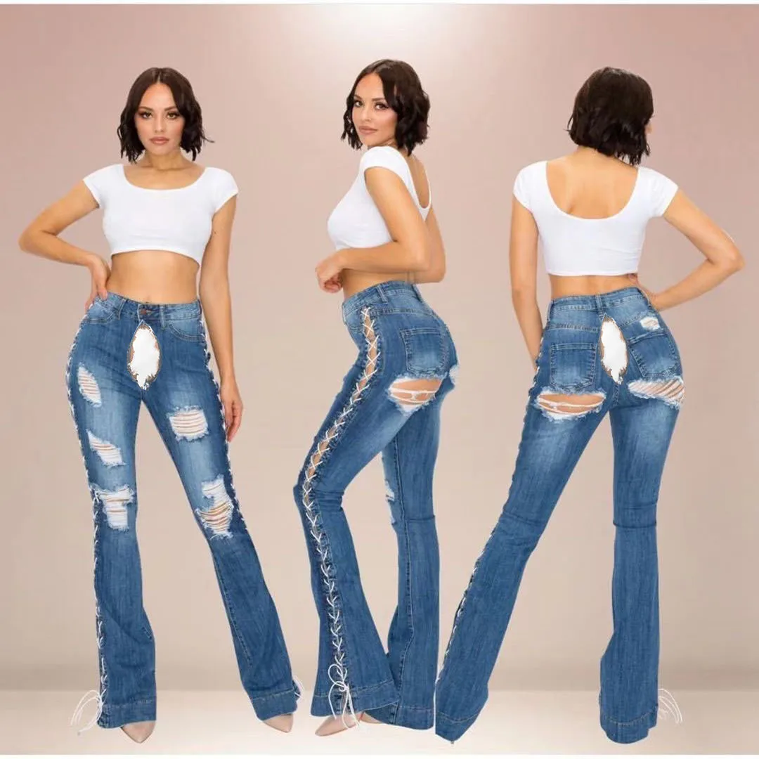 

Hot Selling Women's Wear Invisible Open-Seat Pants Sexy Stretch Flared Jeans Ripped Denim Trousers Wide Leg Pants with Pockets