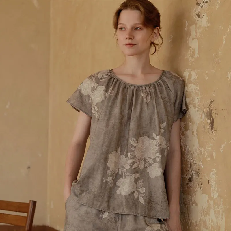 

Fashion 100% Cotton Short Sleeve Long Pants Romantic Floral Gray Pajamas Sets For Women Loose Comfortable Home Nightwear Summer