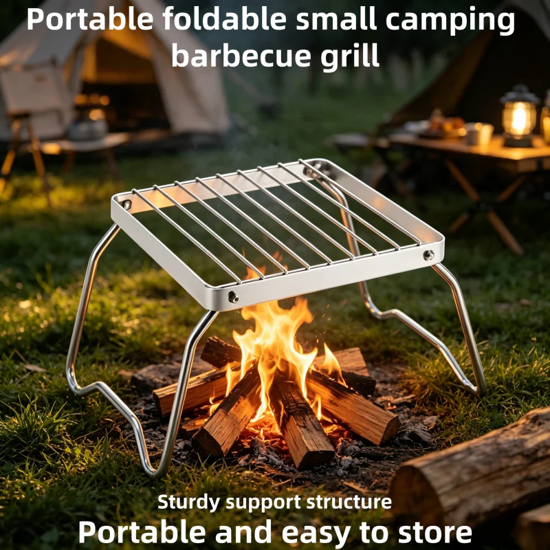 Outdoor Stainless Steel Foldable Camping Stove Stand, Portable Mini BBQ Grill Rack Set, Pot & Baking Tray Holder for Picnic
