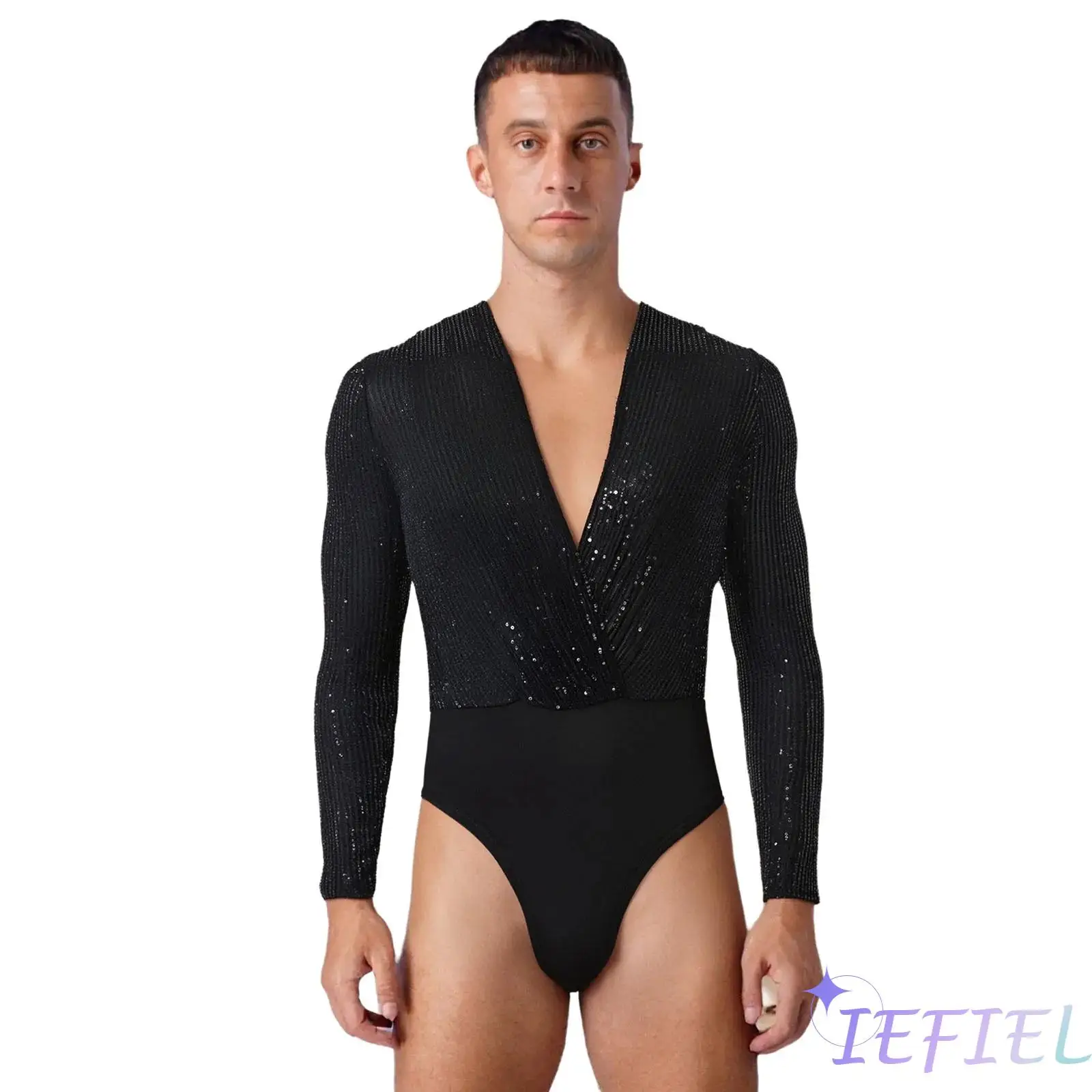 

Mens Glittery Sequin Gymnastics Bodysuit Front Wrap Deep V Neck Long Sleeve Ballet Leotard Jumpsuit Lyrical Ballet Dance Costume