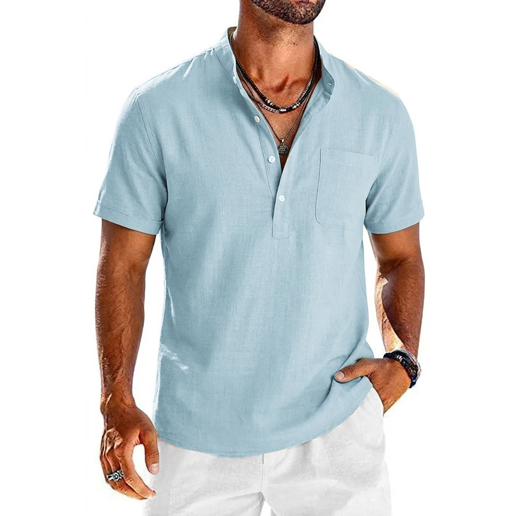Summer Men's Short Sleeve Linen Shirts Lightweight T-shirts for Men Breathable Henley Shirt Casual Pocket Button Tee Beach Shirt image 5