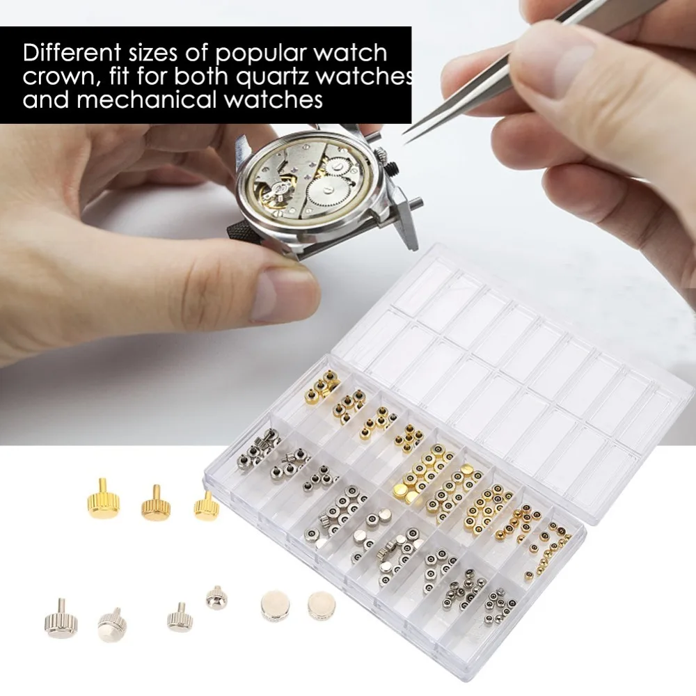 Juego de piezas de corona de reloj de cobre portátil, cúpula dorada, cúpula plateada, surtido de corona de reloj, relojero de repuesto