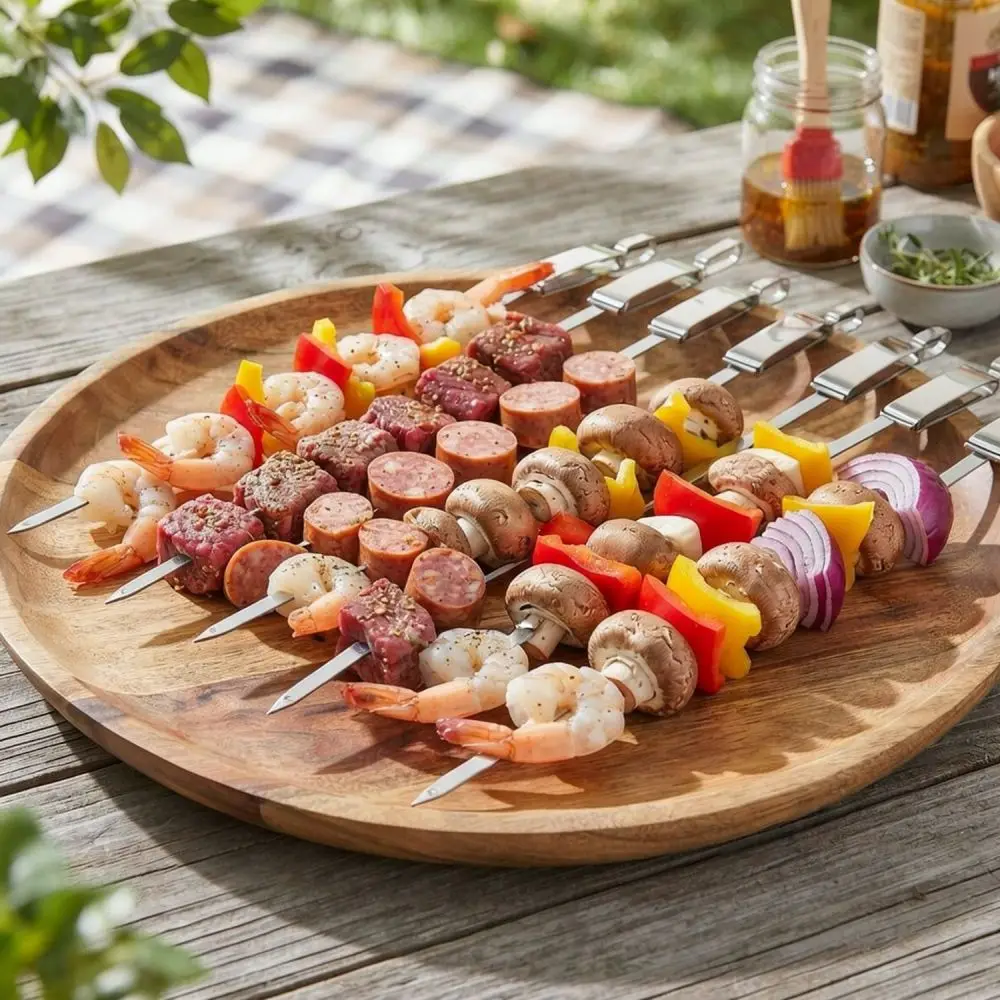Professional Stainless Steel BBQ Sticks Flat Kabob Skewers With Slider Pusher Easy To Clean Outdoor Cooking Accessories