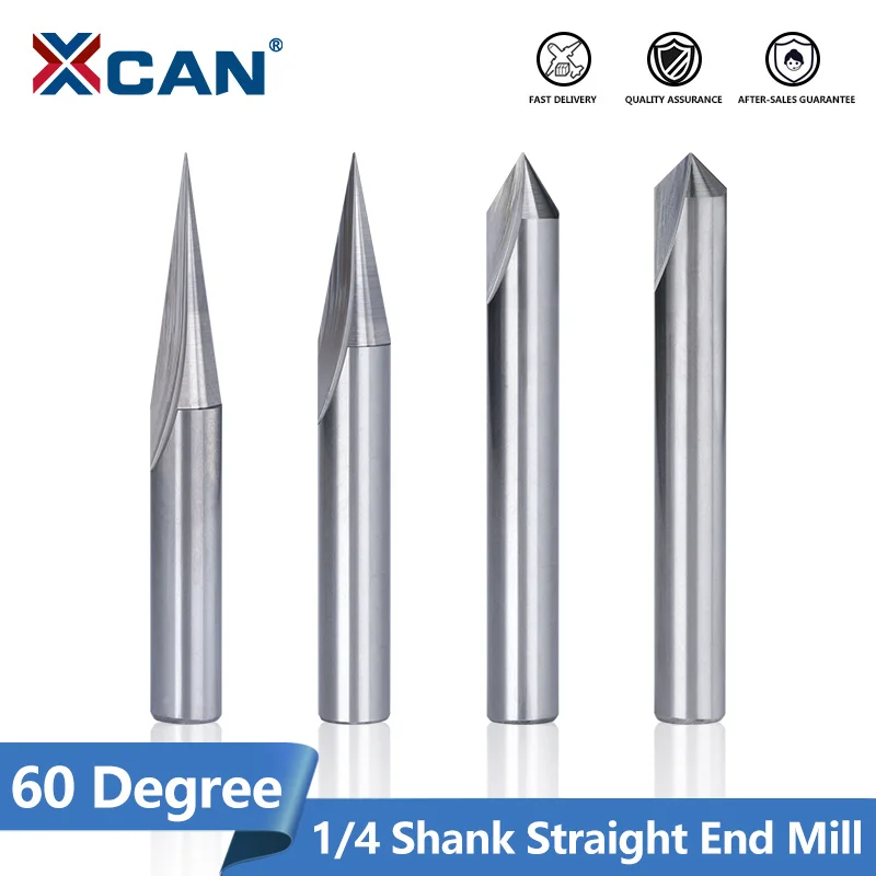 XCAN Milling Cutter 1/4 Shank 60 Degree Straight V Engraving Bit 2 Flute Wood Milling Bit CNC Router Bit Wood Milling Tool