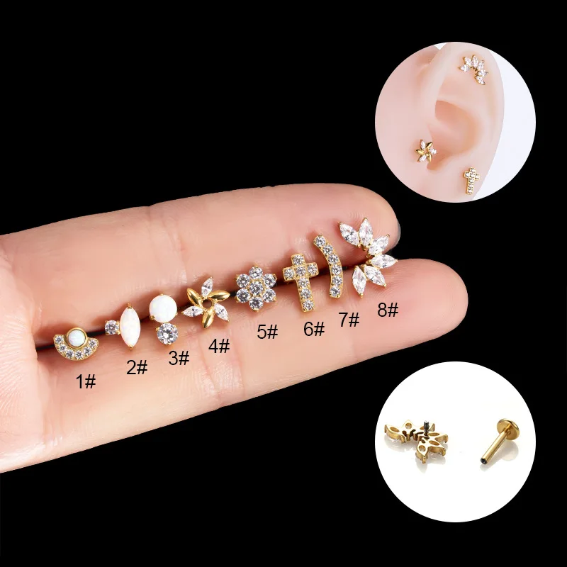 1 pieza G23 Piercing de titanio Labret pendientes de rosca interna labio Stud circón Ojo de caballo flor hélice cartílago joyería del cuerpo 16G